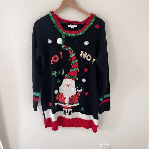 Women's Ugly Christmas Sweater Size XL Santa HO HO HO Embellished Knit Tunic - Picture 1 of 7